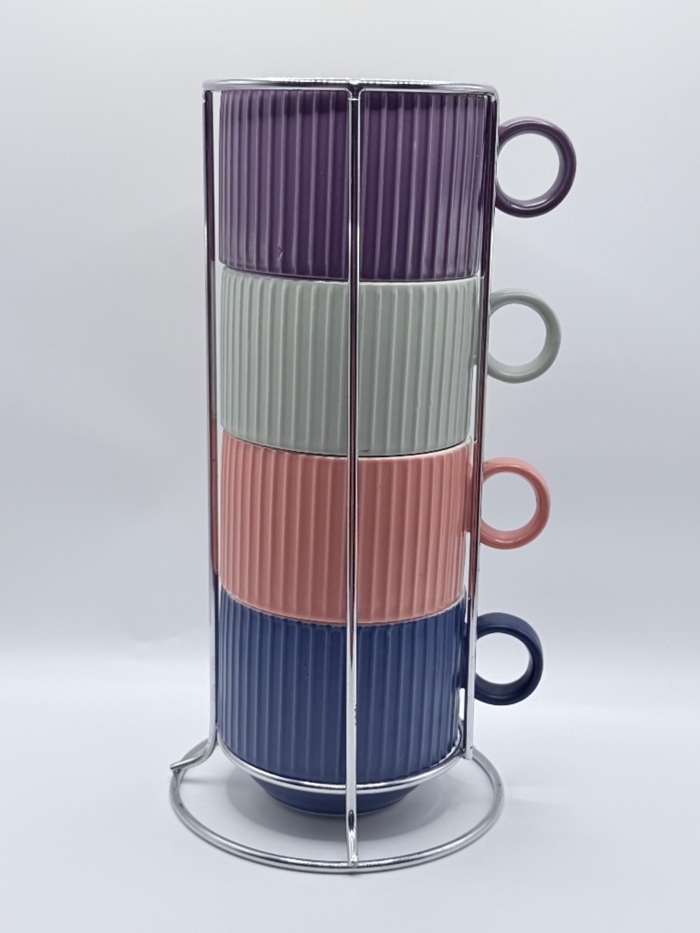 Stackable Ceramic Coffee Mug Set of 4 with Metal Stand Ribbed Pastel Colors